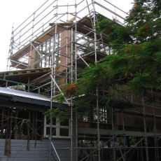 Aluminium scaffold to house extension.